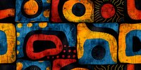 Abstract geometric pattern in vibrant orange, blue and red colors with circular and rectangular shapes, textured background featuring organic forms and dotted elements.