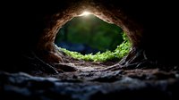 Underground tunnel opening revealing lush green forest landscape with natural light streaming through cave entrance creating mystical atmosphere.