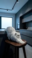 Fluffy white long-haired cat stretching on wooden stool in modern kitchen with dark cabinetry, sleek countertops, and minimalist design for home decor and pet lifestyle content.