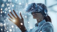 Young Asian woman wearing VR headset and headphones experiencing virtual reality with glowing particles and digital elements in modern environment.