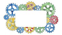 Colorful mechanical gears frame with white center space for text or design. Industrial machinery border perfect for engineering presentations and technical content.