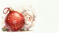Cute sheep character holding large red ornament with gold snowflake patterns and festive decorations for holiday greeting cards, seasonal marketing, and winter celebrations.