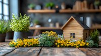 Miniature wooden house surrounded by tiny yellow flowers and green plants on rustic wooden table. Decorative garden scene with potted herbs creates cozy home atmosphere.