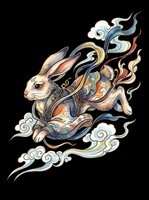 Ornate rabbit with flowing ribbons and cloud motifs in blue, gold, and red tones, isolated on transparent background. Ready for t-shirts, stickers, sublimation, and print-on-demand designs.