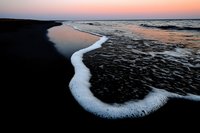 Serene ocean waves washing onto dark sandy beach at sunset with pink and orange sky reflecting on wet sand creating peaceful coastal scenery for relaxation themes.