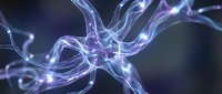 Glowing neural network with electric blue and purple light streams, depicting brain synapses and digital data flow on dark background.