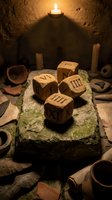 Wooden rune stones with ancient symbols arranged on moss-covered stone altar in candlelit mystical setting surrounded by clay vessels and ceremonial objects for divination and spiritual practices.