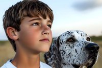 Young boy with freckles and his loyal spotted dog gazing thoughtfully into the distance during golden hour, portraying friendship and companionship.