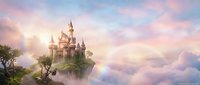 Majestic fantasy castle floating among pink and purple clouds at sunset with magical towers and spires in dreamy sky landscape for fairy tale concepts.
