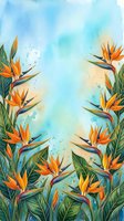 Watercolor tropical border with bird of paradise flowers in orange and blue tones on a soft aqua background with copy space.