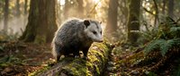 Wild opossum standing on moss-covered fallen log in sunlit forest during golden hour creating peaceful woodland wildlife scene for nature photography.