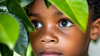 Young African American child peeking through vibrant green tropical leaves with curious expression, natural beauty and wonder concept for wellness campaigns.