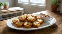 Savory egg muffins with herbs and vegetables served on white plate with coffee cup in bright kitchen setting for breakfast or brunch meal preparation.