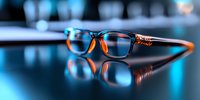 Modern eyeglasses with black and orange frame reflected on glossy surface against blurred blue background, dramatic lighting creates stylish mood.
