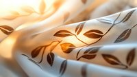 Elegant white fabric with brown leaf pattern flowing in warm golden sunlight creating soft shadows and gentle movement for textile design projects.