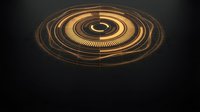 Futuristic golden holographic interface with concentric circles and glowing elements on dark background for technology and sci-fi design projects.