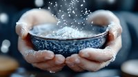 Hands holding bowl with water splashing, winter frost effect, isolated on blurred background, suitable for wellness, spa, refreshment, and seasonal marketing campaigns.