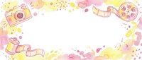Vintage photography and filmmaking equipment border with watercolor splashes, film reels, cameras, and measuring tape on isolated white background, suitable for creative design projects, scrapbooking, and craft layouts.