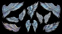 Angel wings collection in blue, silver and purple tones, isolated on transparent background. Ready for tattoo art, stickers, t-shirt design, sublimation and print on demand.