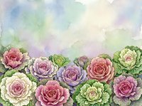 Watercolor garden roses in soft pink, lavender, and cream tones with green foliage against dreamy pastel sky background. Suitable for floral designs, greeting cards, and home decor.