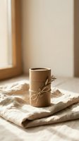Kraft paper tube gift box tied with twine and dried botanical sprig on linen fabric, natural eco-friendly packaging in warm neutral tones.