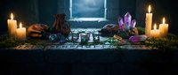 Mystical altar setup with burning candles, crystals, herbs and ritual tools for spiritual practices, witchcraft ceremonies and meditation sessions.