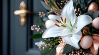 White lily bloom with copper and rose gold accents in elegant floral arrangement against dark background, featuring soft bokeh and delicate petals.