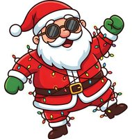 Cool Santa Claus with sunglasses tangled in colorful Christmas lights on white background. Funny holiday character for festive designs and greeting cards.