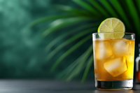 Refreshing whiskey cocktail with lime garnish and ice cubes on tropical palm leaf background for summer beverage concepts and bar menu designs.