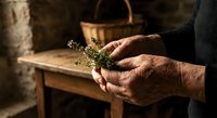 Elderly hands gently holding fresh thyme herbs in rustic kitchen setting with wooden table and wicker basket in warm natural lighting for cooking.