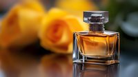 Elegant amber perfume bottle with crystal cap on reflective surface with soft yellow roses in blurred background for luxury fragrance and beauty concepts.