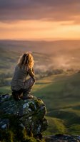 Woman with long blonde hair crouching on rocky outcrop overlooking rolling green valley at golden hour sunset. Contemplative traveler enjoying scenic landscape view.