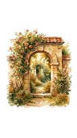 Watercolor illustration of a rustic stone archway entrance overgrown with climbing roses and ivy vines, isolated on white background for design projects.
