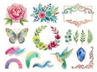 Pink peony, turquoise roses, ornamental frames, butterfly, floral wreath, botanical leaves, watercolor brushstrokes, hummingbird, and gemstone elements isolated on white background for design projects.