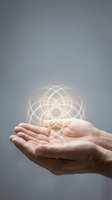 Open hands holding glowing sacred geometry symbol with luminous geometric pattern floating above palms representing spiritual energy and mystical power.