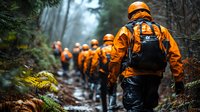 Firefighters in bright orange protective gear walking in single file through misty forest path during wildfire prevention or rescue operation.