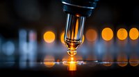 Microscope objective lens with glowing orange light and bokeh effect in dark laboratory setting, scientific research concept for biotechnology and medical studies.