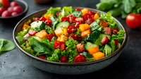 Fresh garden salad with colorful vegetables, cherry tomatoes, cucumber slices, and pomegranate seeds in dark ceramic bowl on black stone background.