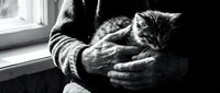 Person holding tabby kitten in arms by window, black and white portrait capturing tender moment between human and young cat.