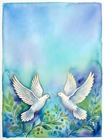 Two white doves with outstretched wings face each other among green foliage and blue watercolor washes, symbolizing peace, love, and harmony for greeting cards and inspirational designs.