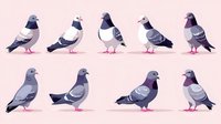 Collection of cartoon pigeons in various poses and colors on pink background isolated for design projects and urban wildlife illustrations.