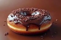 Fresh baked donut covered with dark chocolate glaze and chocolate shavings on brown background, dripping chocolate creates appetizing texture.