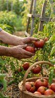 Farmer hands carefully harvesting ripe red tomatoes from vine in organic vegetable garden with wicker basket full of fresh produce for healthy eating.