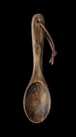 Rustic wooden spoon with long handle and leather cord loop, isolated on transparent background. Ready for kitchen design, clipart, t-shirt prints, and sublimation projects.