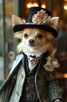 Adorable chihuahua dog dressed in elegant Victorian gentleman costume with top hat and formal suit for pet fashion and holiday celebrations.