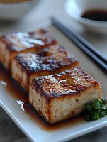 Grilled tofu steak glazed with sweet soy sauce, garnished with green onions on white rectangular plate. Close-up view shows caramelized surface and moist texture.