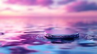 Mesmerizing water drop creating concentric ripples on liquid surface with dreamy pink and purple sunset sky reflections, macro photography for tranquil spa designs.