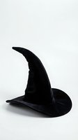 Black witch hat with curved pointed tip isolated on white background for Halloween costume and magical themed designs.