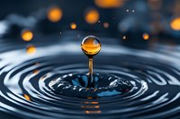 Macro photography of water drop impact creating concentric ripples on dark surface with glowing orange bokeh lights in background, capturing moment of splash.