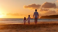 Father walking with two children on beach at sunset, family silhouettes against golden sky and ocean waves, peaceful moment during summer vacation.